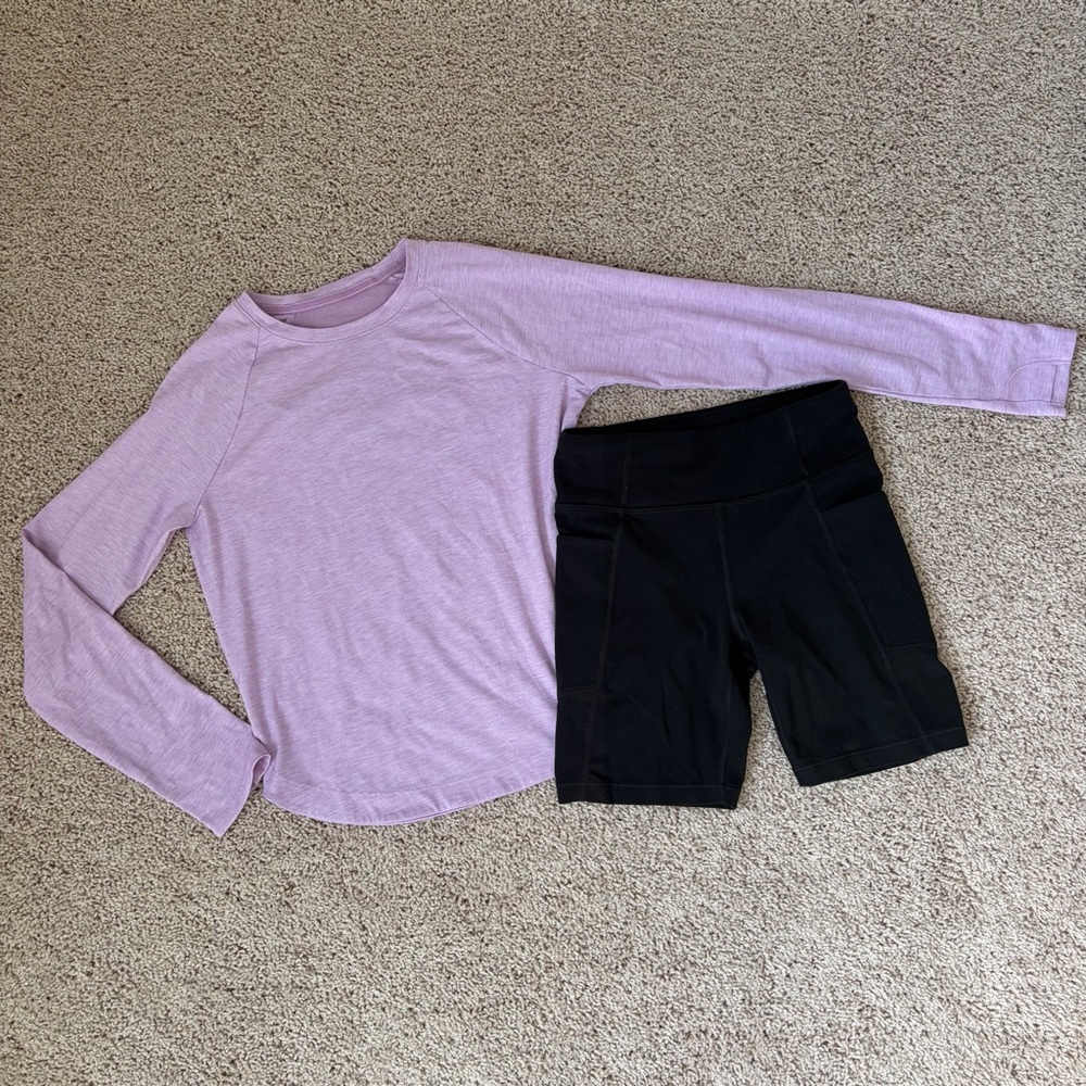 Athleta Girls Black Bike Shorts and Athleta lavender Top size 8-10
